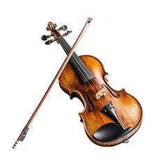 Fototapeta premium Elegant violin and bow isolated on transparent background. Classical string instrument.