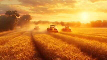 Fototapeta premium Bird’s-eye view of a countryside harvest, tractors working through vast fields of golden wheat, sunlight highlighting the ripened crops, clouds of dust trailing behind the machinery, vivid colors,