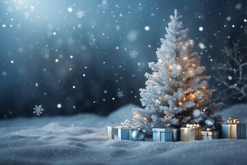 snowy christmas tree with gifts