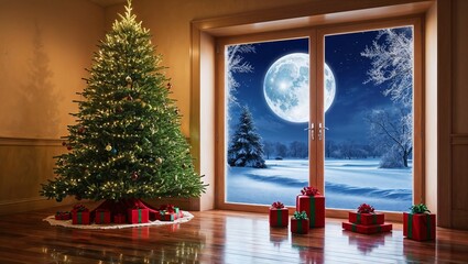 christmas tree with window view to the outside