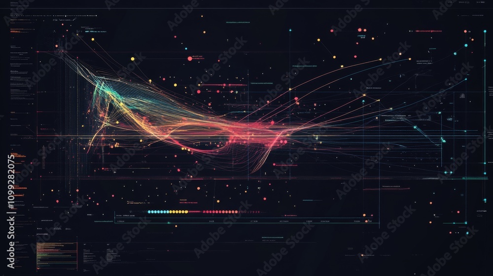 Poster abstract data visualization with colorful lines and dots on black