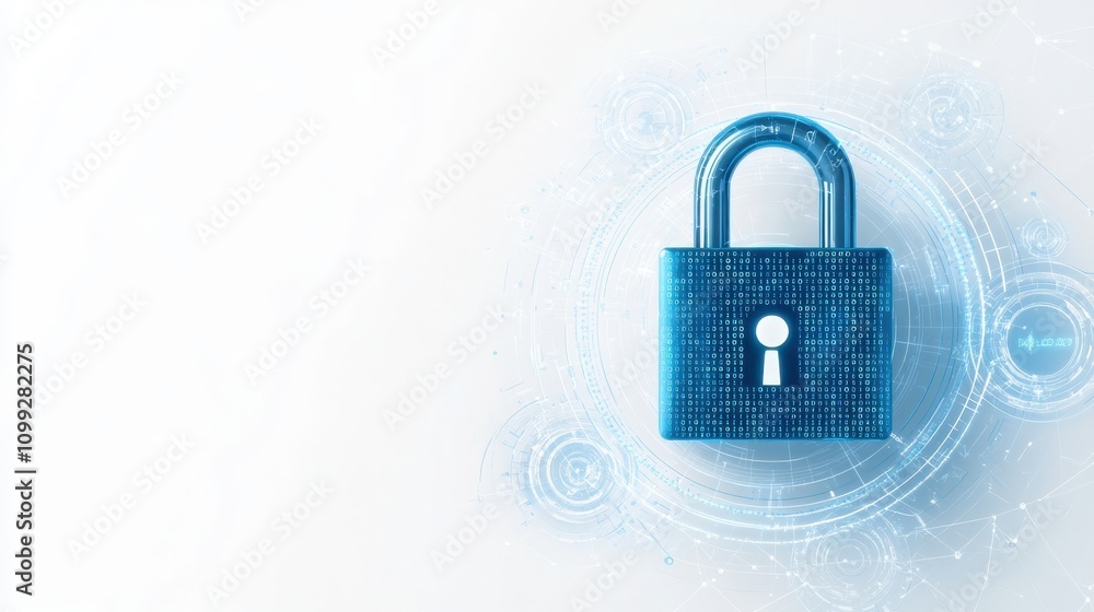Poster a digital padlock symbolizes cybersecurity and data protection, set against a light background with 