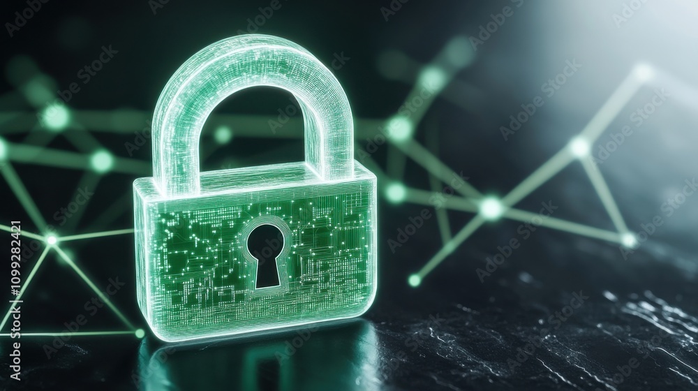 Poster a digital padlock symbolizes security, encryption, and data protection, set against a backdrop of in