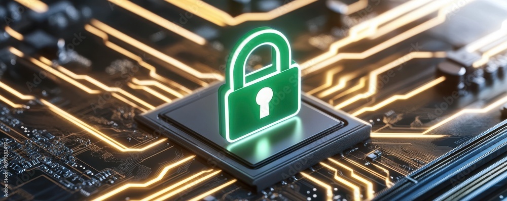 Poster a glowing green padlock icon sits on a circuit board, symbolizing digital security and encryption in