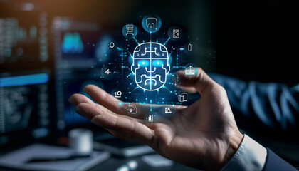 A business professional is presented with an icon of AI in the center, surrounded by digital marketing tools like graphs and charts on his desk.