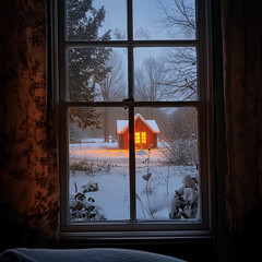 window view to a cottage in winter