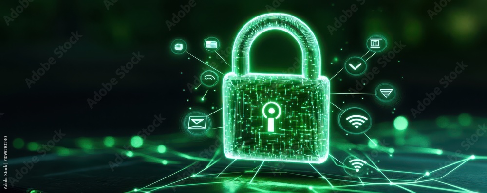 Poster a glowing green padlock symbolizes digital security, surrounded by various icons representing online