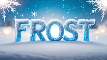 Frosty word "FROST" in icy blue, snow covered, winter wonderland background with snowflakes.