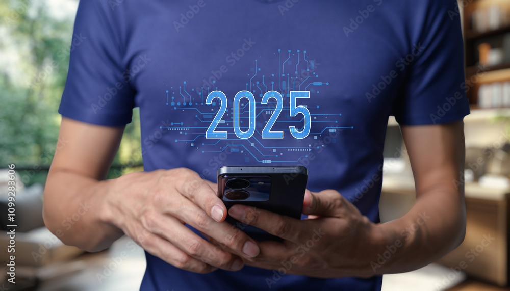 Poster digital transition concept with future year 2025 displayed on shirt progress and transition from 202