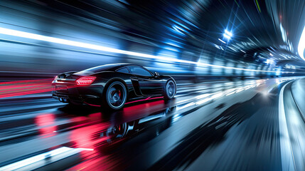 Fototapeta premium Motion Blur Action of Sports Car in Futuristic Night Scene