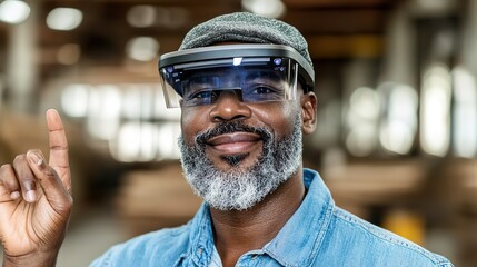 Smiling African American Man Wearing Augmented Reality Glasses Inside Modern Workshop, Engaging with Innovative Technology for Enhanced Work Efficiency and Collaboration