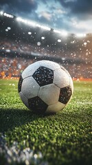 Fototapeta premium Soccer ball on wet grass in stadium.
