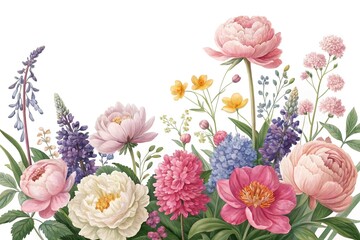 A mix of colorful flowers including peonies and hyacinths in a loose organic pattern, soft colors, garden scene