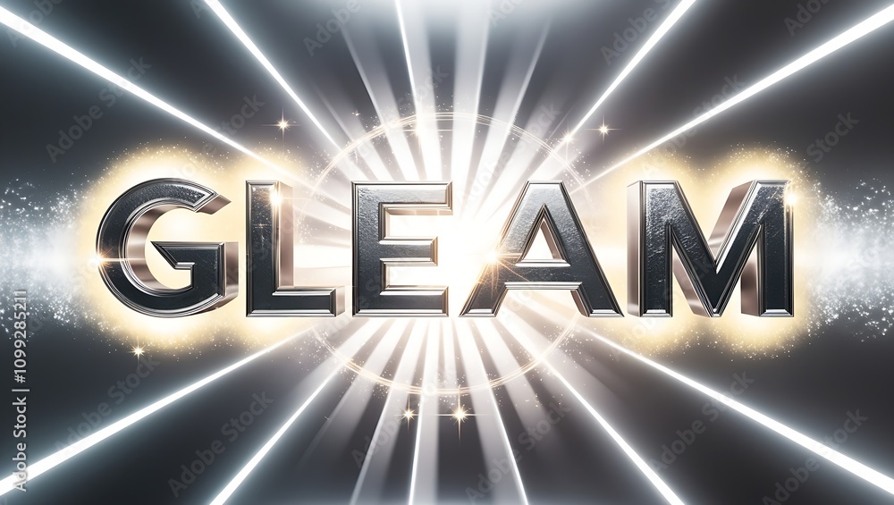 Poster gleam - 3d chrome text with shining light rays background.