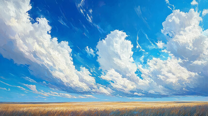 Obraz premium Sky with Clouds illustration in flat style. Sky and clouds background. Cloudy vector cartoon illustration in blue color and green grass cartoon anime background. Nature abstract wallpaper concept.