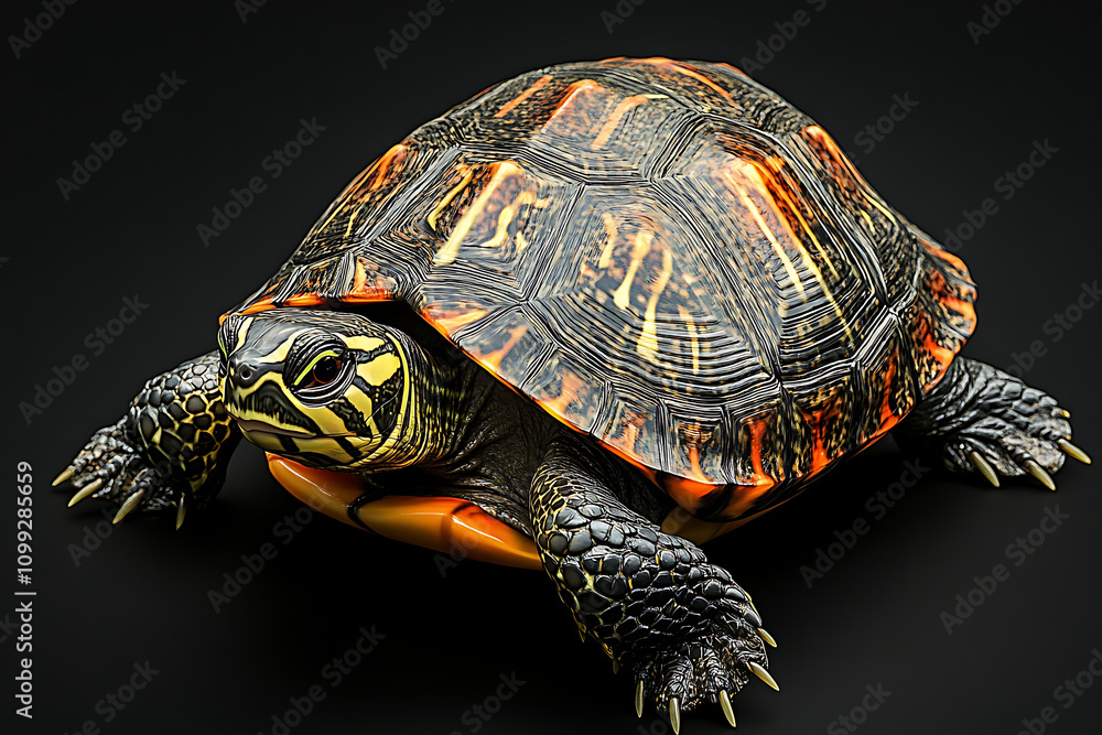 Poster a detailed depiction of a colorful turtle resting on a dark surface.