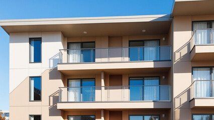 Modern Apartment Building with Glass Balcony and Clear Blue Sky