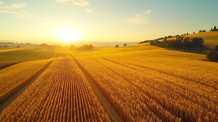 Fototapeta premium High-altitude shot of golden cornfields ready for harvest, a patchwork of vibrant yellow and green hues, sunlight casting long shadows, distant hills and trees lining the horizon, crisp details,