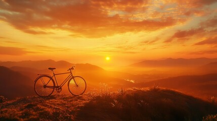 Fototapeta premium Sunset Overlook with Bicycle Silhouette in Serene Landscape