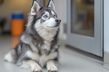 Obraz premium Gray and white husky dog indoors, sitting attentively.