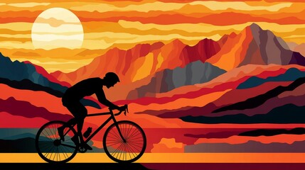 Obraz premium Silhouette of Cyclist Against Vibrant Sunset Over Mountain Landscape