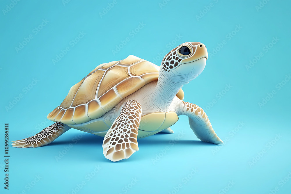 Poster a realistic 3d rendering of a turtle on a blue background.