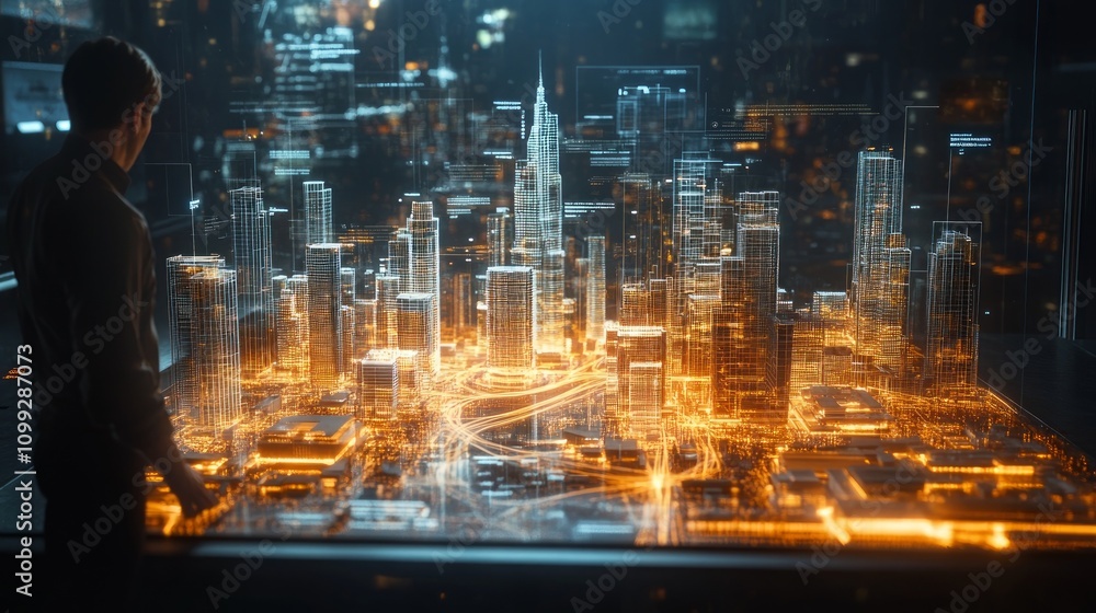 Poster man examining a futuristic city model illuminated with glowing lines and points of light.
