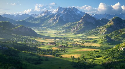 Obraz premium High-altitude view of a serene farm framed by rugged mountain peaks, green pastures and golden fields blending into the foothills, sunlight highlighting the contours of the land, clear blue sky,