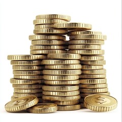 A stack of shiny gold coins arranged in a pyramid shape, symbolizing wealth and finance.