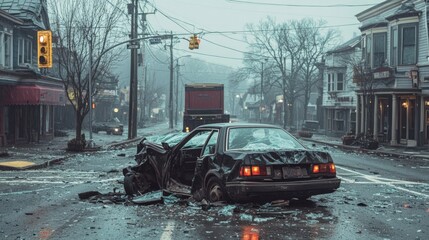 Obraz premium A wrecked car at an intersection.