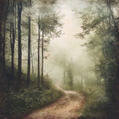 Serene Misty Pathway Through Enchanted Forest During Early Morning Hours, Invoking Calmness and Natural Beauty in Scenic Landscape