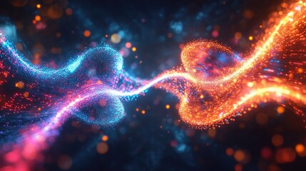 Abstract quantum entanglement visualized by two interconnected particle clouds, each emitting vibrant light trails. 