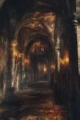 Obraz premium Dark Gothic Corridor with Ornate Arches, Flickering Candlelight, and Eerie Atmosphere in a Mysterious Abandoned Castle Setting