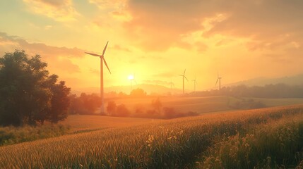 Obraz premium High-angle shot of wind turbines standing tall on farmland, fields filled with corn and wheat ready for harvest, warm golden light of sunset casting a glow over the landscape, photorealistic details,