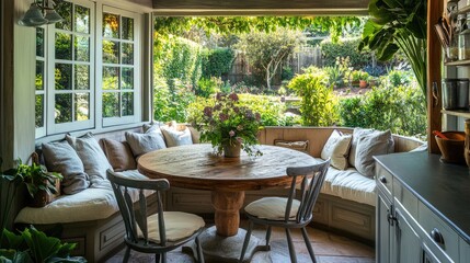 Obraz premium A cozy French country kitchen nook featuring a round wooden table