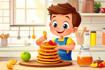 Child joyfully stacking pancakes with fresh strawberries and honey in a cozy kitchen setting