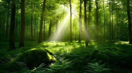 Obraz premium Sunbeams illuminate lush green forest floor, mossy rocks, and tall trees.