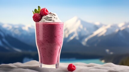 Frosty raspberry smoothie in a frosted glass placed against the backdrop of a dramatic snow capped mountain scene creating a visually striking and appetizing image