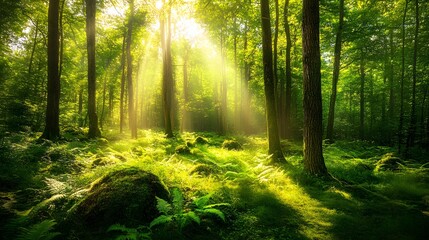 Obraz premium Sunbeams illuminating lush green forest floor with moss, ferns, and trees.