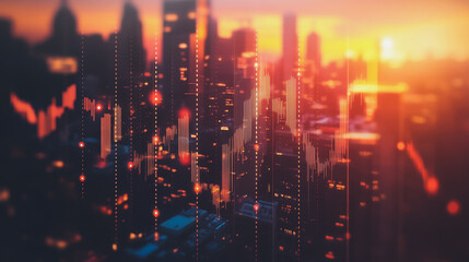 Obraz premium Smart digital Innovation city with connection network reciprocity over the sunset cityscape. of future wireless digital city and social media networking systems that connects people with in city