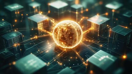 An abstract, futuristic blockchain hub visualized as a glowing sphere surrounded by interconnected data blocks. The blocks emit light as encrypted information flows between them.