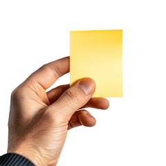 hand of a man holding small yellow blank note paper clipart, PNG isolated transparent background
