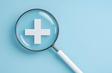 Fototapeta premium White plus sign inside of magnifier glass with copy space for focus positive mindset , Healthcare and value added concept by 3d render illustration.