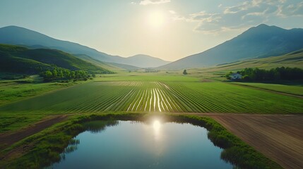 Obraz premium Overhead drone shot of a farm nestled between rolling hills and tall mountains, sunlight casting shadows over the landscape, fields filled with crops and a small pond reflecting the sky,