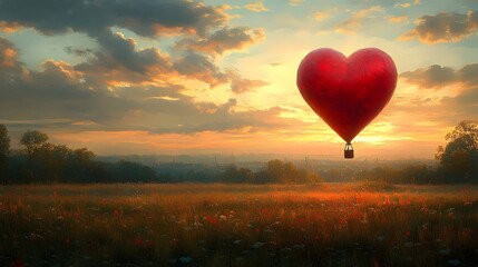 Fototapeta premium A red heart balloon is floating in the sky above a field of flowers