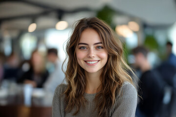 Obraz premium Woman smiles warmly while engaging with colleagues in a modern workspace during daylight hours