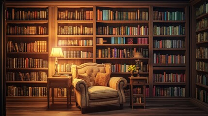 A cozy library nook with built-in bookshelves