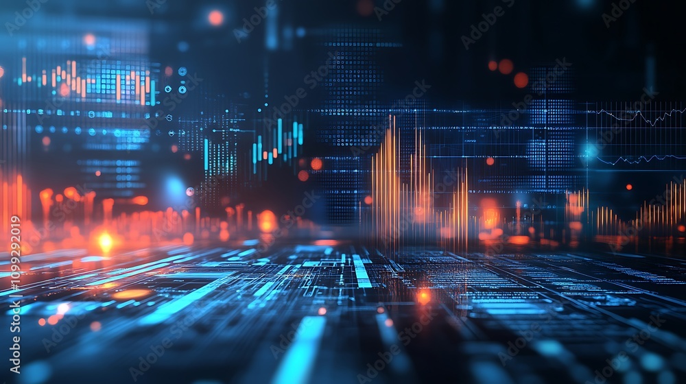 Poster abstract digital data visualization: glowing blue and orange data streams on a circuit board