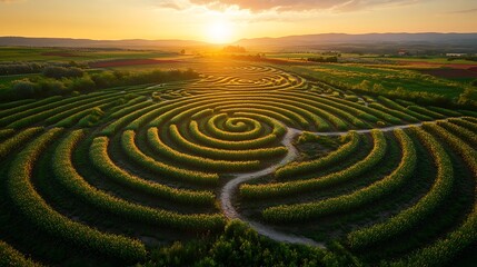 Naklejka premium Overhead drone shot of vast farmland with circular irrigation designs, fields forming intricate and colorful geometric shapes, sunlight enhancing the contrast, gentle breeze moving the crops,