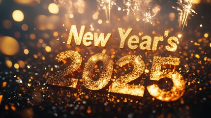 Gold "New Year's 2025" text with shimmering confetti and fireworks bursting above.